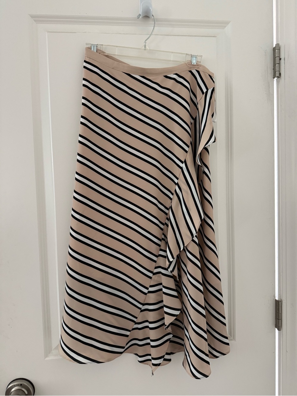 Calvin Klein Beige and Black Striped Ruffle Midi Skirt
